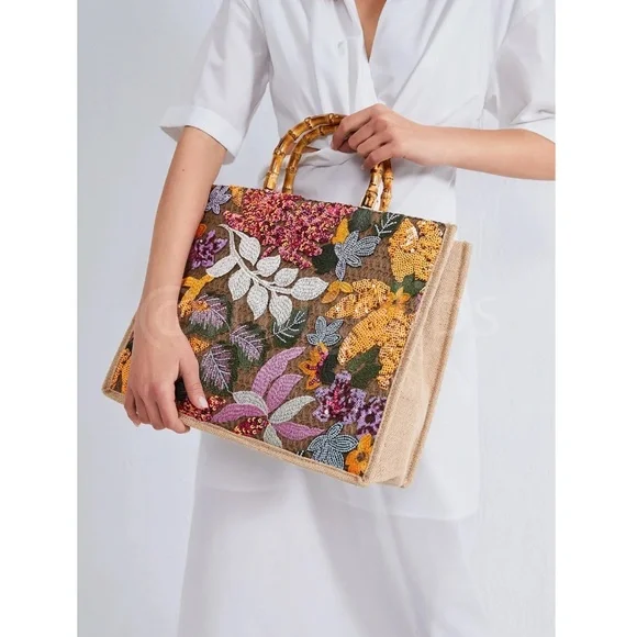 Sequined Floral Decorated Straw Tote Bag Bamboo Handle Embroidered - Picture 5 of 11